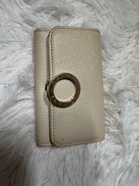 BVLGARI Cream Leather Key Pouch with Gold Ring Accent